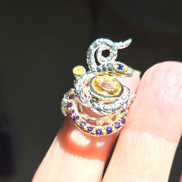 Natural Kharma by Avelon Jewelry - Citrine Sapphire & Lolite sterling & gold snake on a branch ring sz7 adjustable